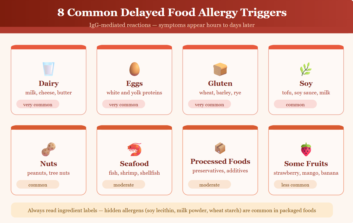 Infographic listing 8 common delayed food allergy triggers including dairy, eggs, gluten, soy, nuts, seafood, processed foods, and certain fruits