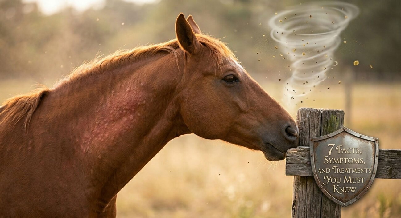 A chestnut horse with skin hives rubbing its face against a wooden fence sign.