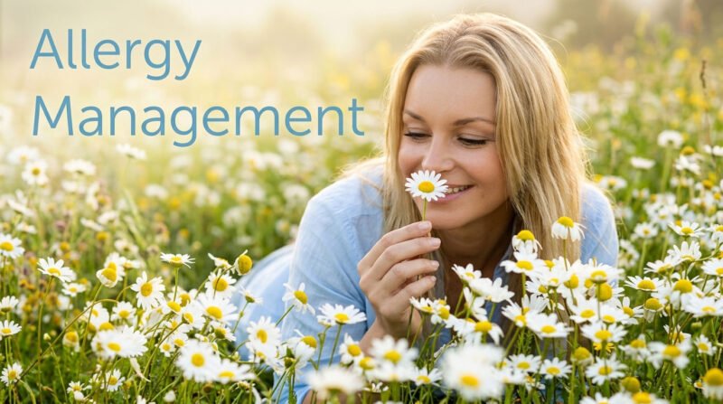 A smiling woman in a lying in a field ,holding a single flower to her nose.