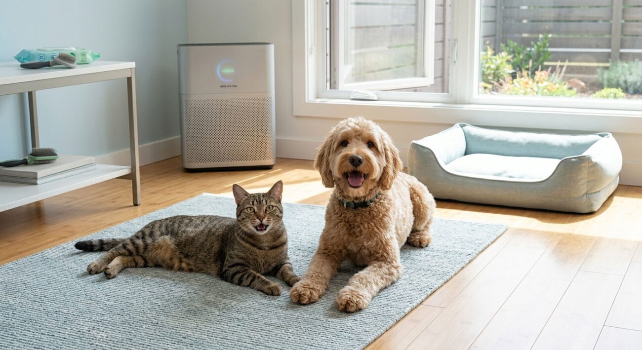 A cat and dog in a clean, hypoallergenic pet home with an air purifier